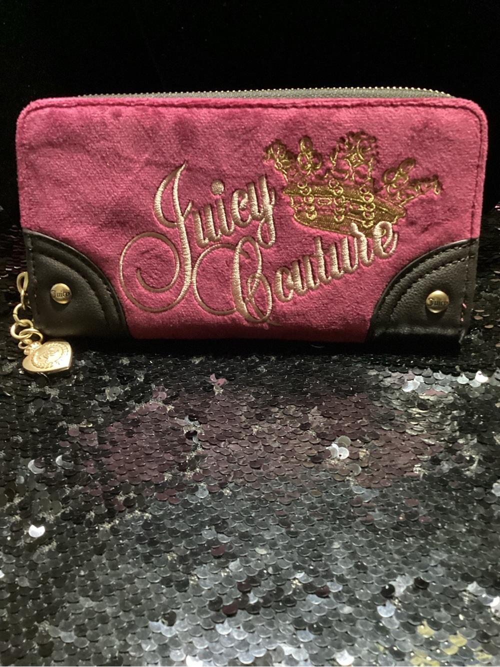 Juicy Couture Burgundy Velour Zip-Around Wallet with Gold Crown Embroidery